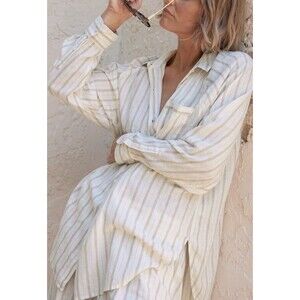 Aerie Pool to Party Striped Linen Button Down Shirt coverup Relaxed oversized XS